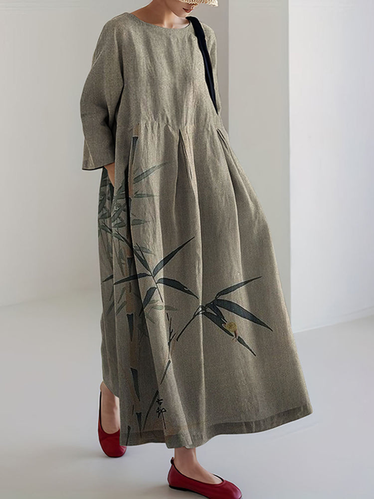 Japanese Art Bamboo Linen Blend Maxi Dress