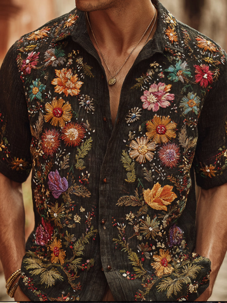 Bohemian Style Colored Floral Diamond Black Men's Vintage Lapel Short-sleeved Shirt artswardrobe