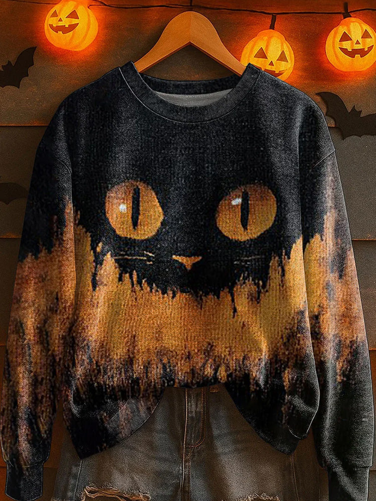 Women's Halloween Black Cat Knitted Sweatshirt artswardrobe