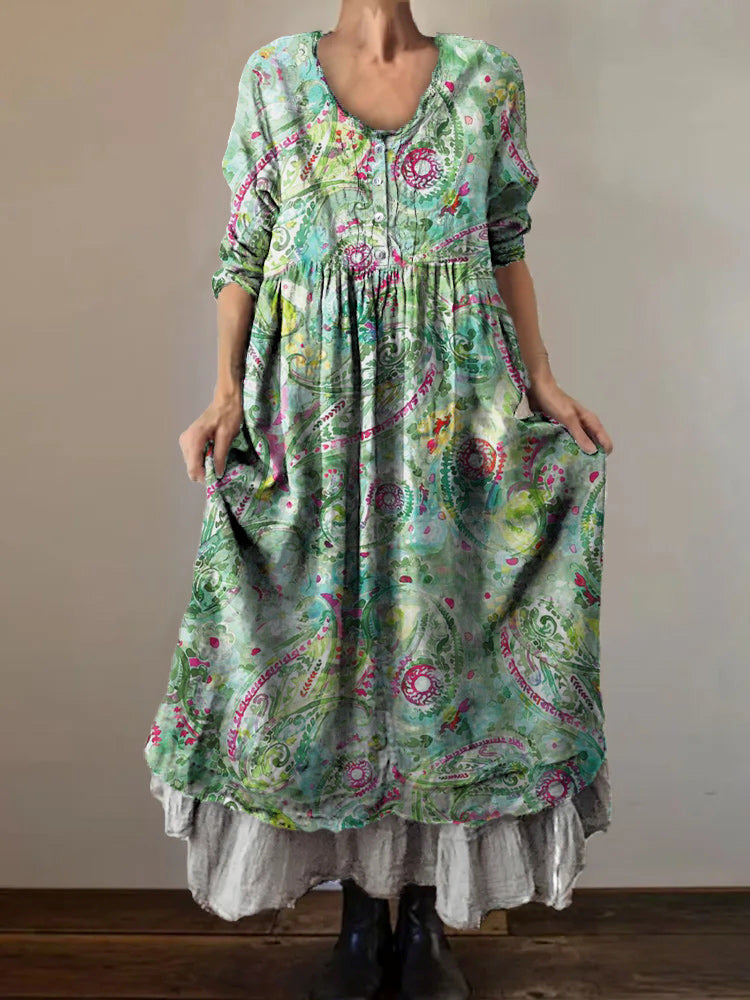 Women's Art Floral Hippie Vintage Print V Neck Dress