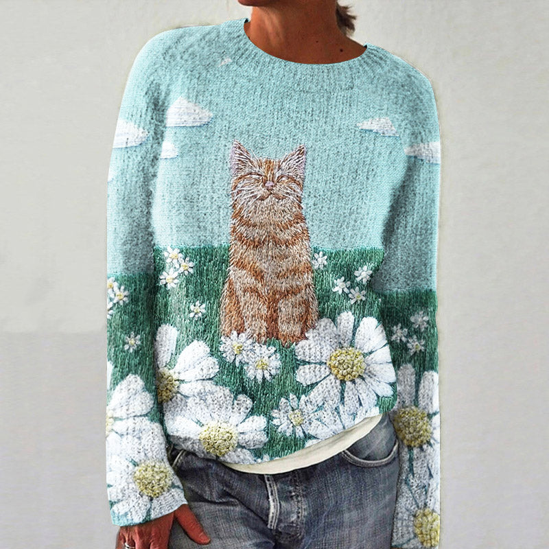 Floral Cat Pattern Comfortable Women's Crew Neck Sweater artswardrobe