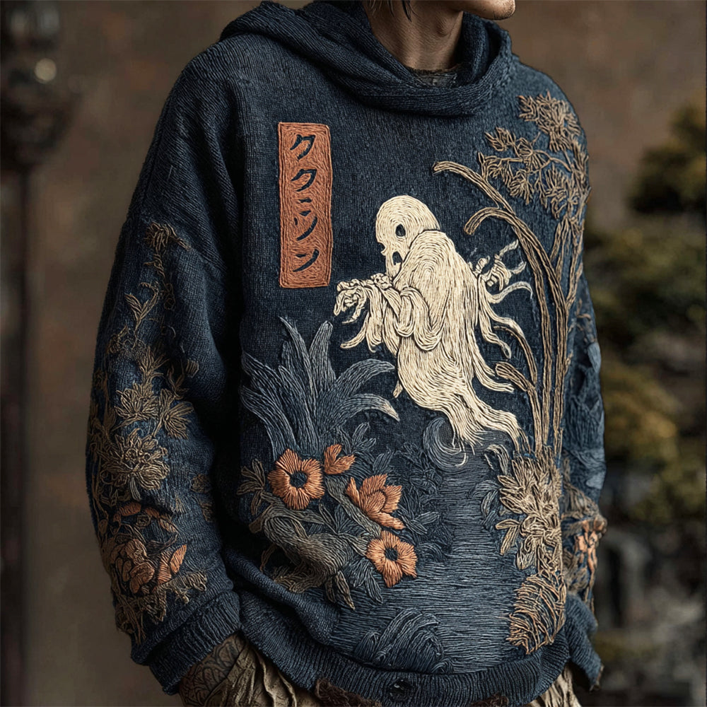 Japanese Spooky & Floral Art Men's Knit Hooded Sweater artswardrobe