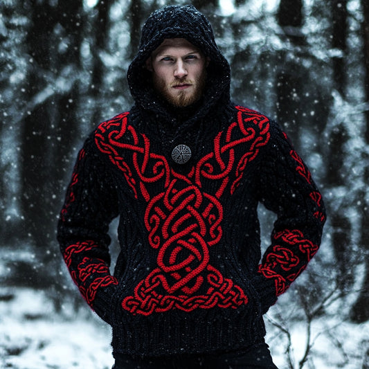 Viking Celtic Knot Pattern Cozy Knit Hooded Sweater elevenforest