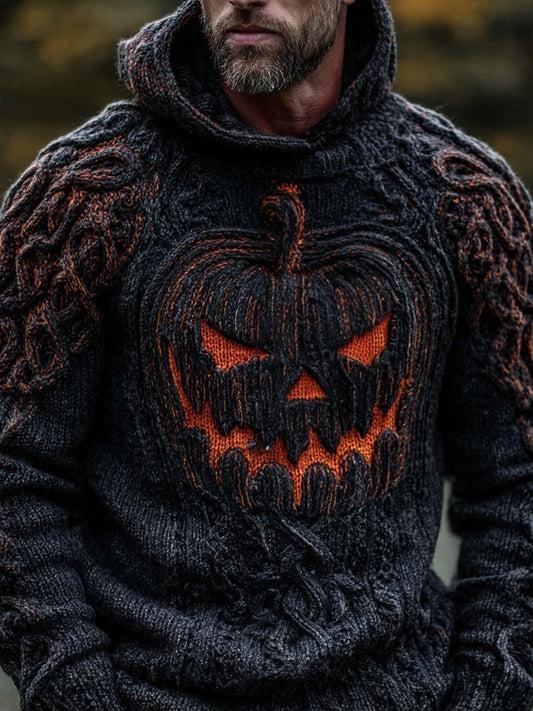 Men's Spooky Pumpkin Face Halloween Chunky Hooded Sweater elevenforest