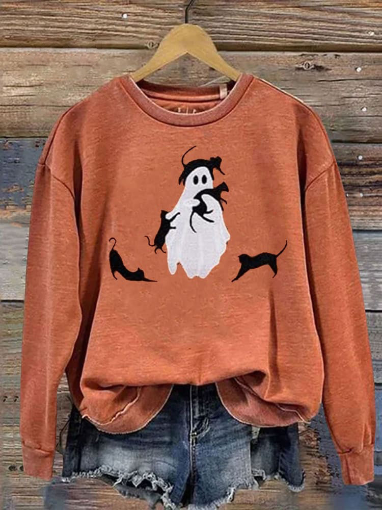 Comstylish Ghost Playing With Cat Halloween Print Casual Sweatshirt