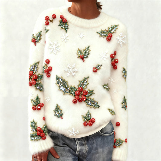 Christmas Berries & Snowflakes Glitter Embroidered Cozy Sweater