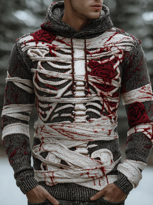 Halloween Line Design Retro Men's Knit Hooded Sweater artswardrobe