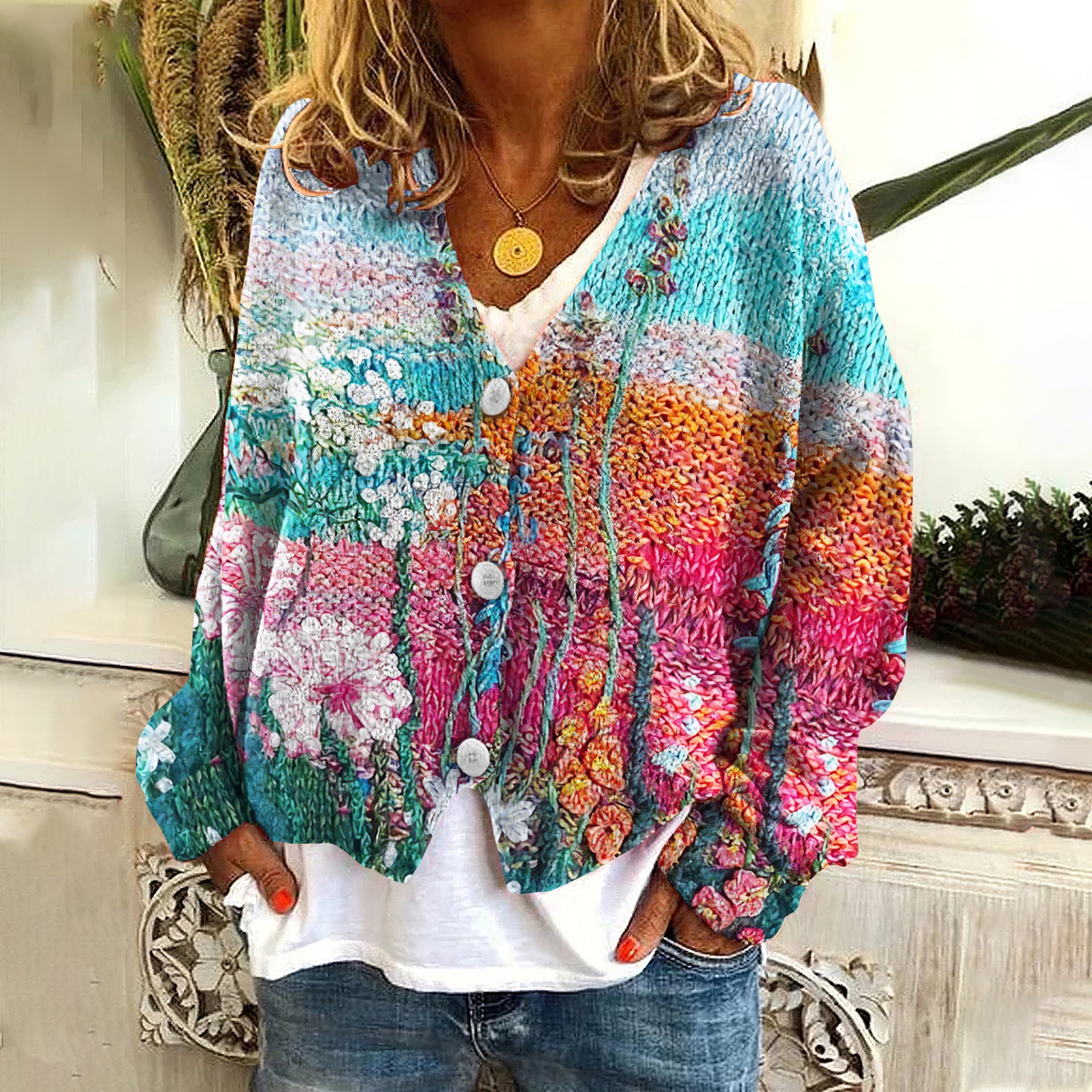 Vintage Floral Print V-Neck Long Sleeved Knitted Cardigan elevenforest