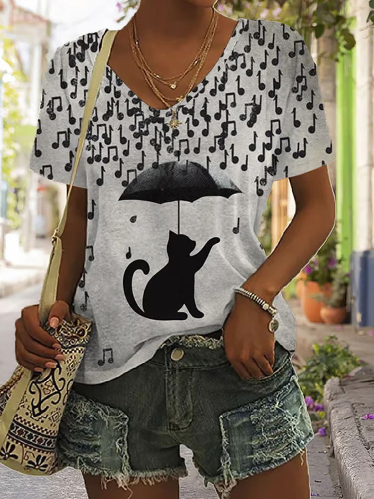 Comstylish Women's Casual Music Cat Graphic Print T-shirt