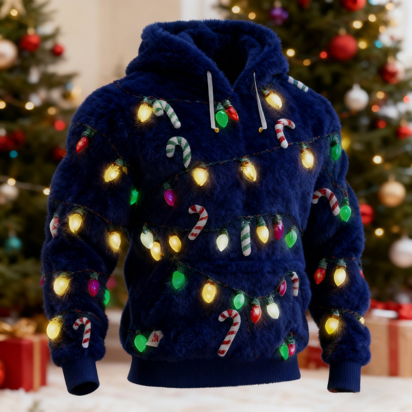 Comstylish Men's Ugly Christmas Lights Pattern Flannel Hoodie