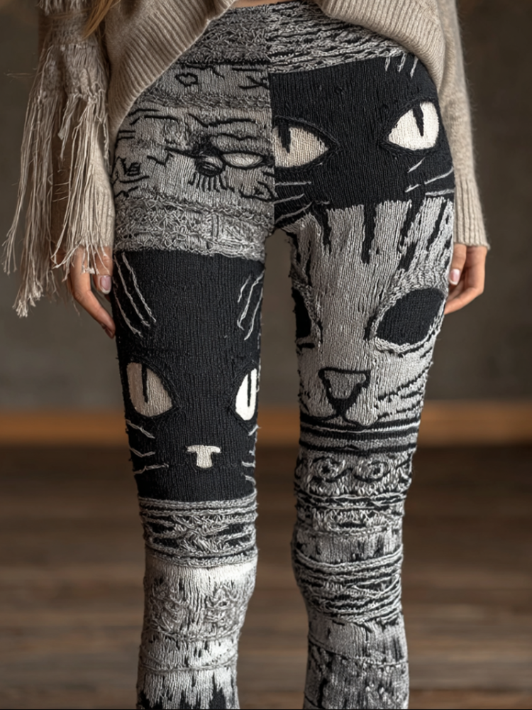 Comstylish Halloween Fun Cat Design Women's Knitted Leggings