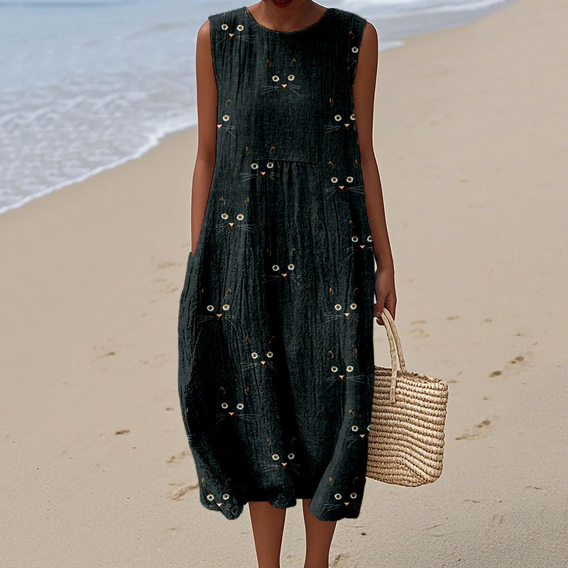 Cute Cat Face Pattern Comfy Linen Tank Dress artswardrobe