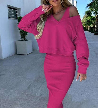 LP | Maglia sciolta con scollo a V + gonna a portafoglio in maglia con vestibilità slim sui fianchi