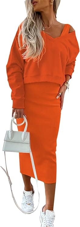 LP | Maglia sciolta con scollo a V + gonna a portafoglio in maglia con vestibilità slim sui fianchi