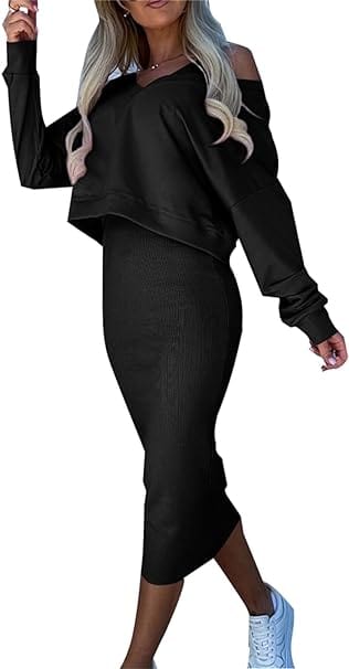 LP | Maglia sciolta con scollo a V + gonna a portafoglio in maglia con vestibilità slim sui fianchi