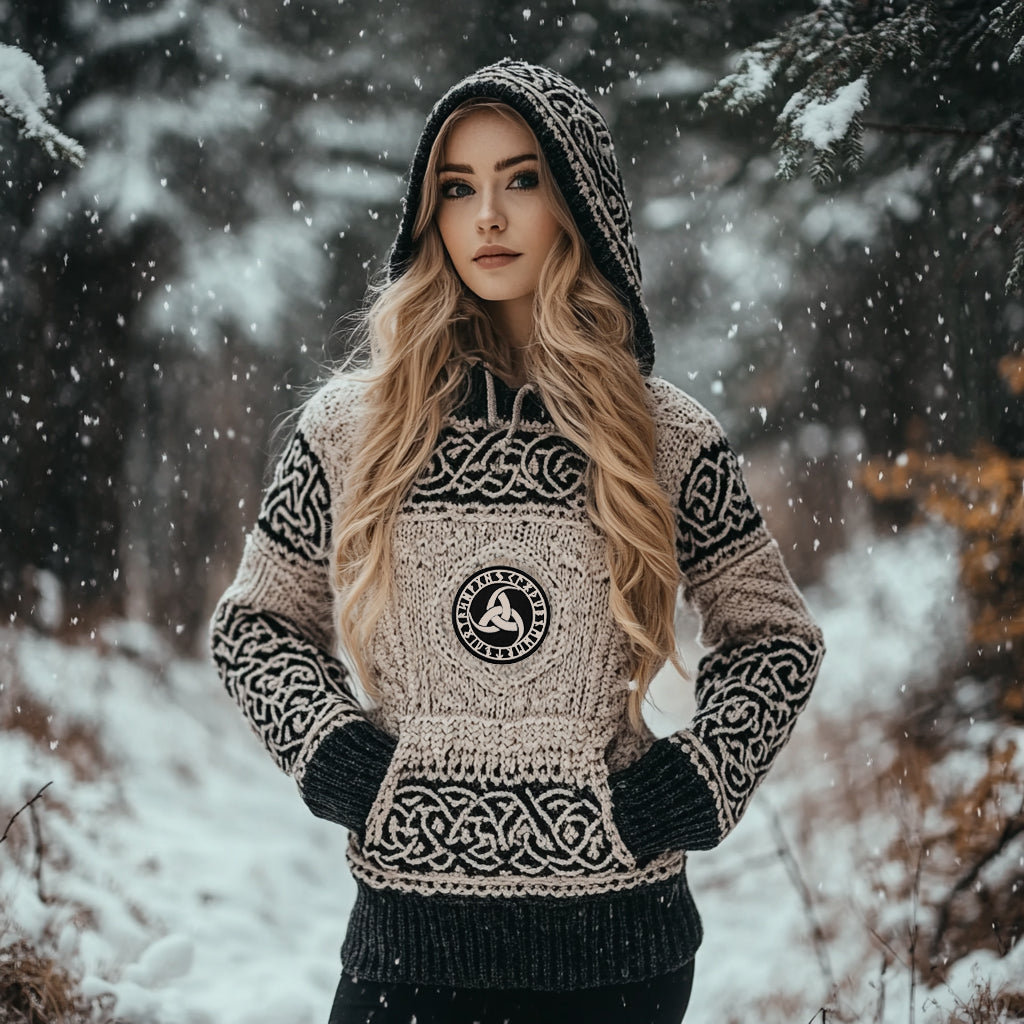 Women's Viking Totem Celtic Knot Vintage Pocket Hooded Sweater elevenforest