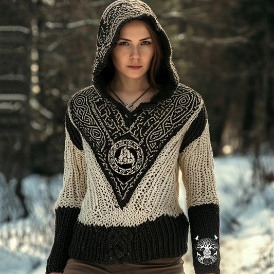 Women's Viking Tree Of Life Rune Jacquard Celtic Style Chunky Knit Hooded Sweater artswardrobe