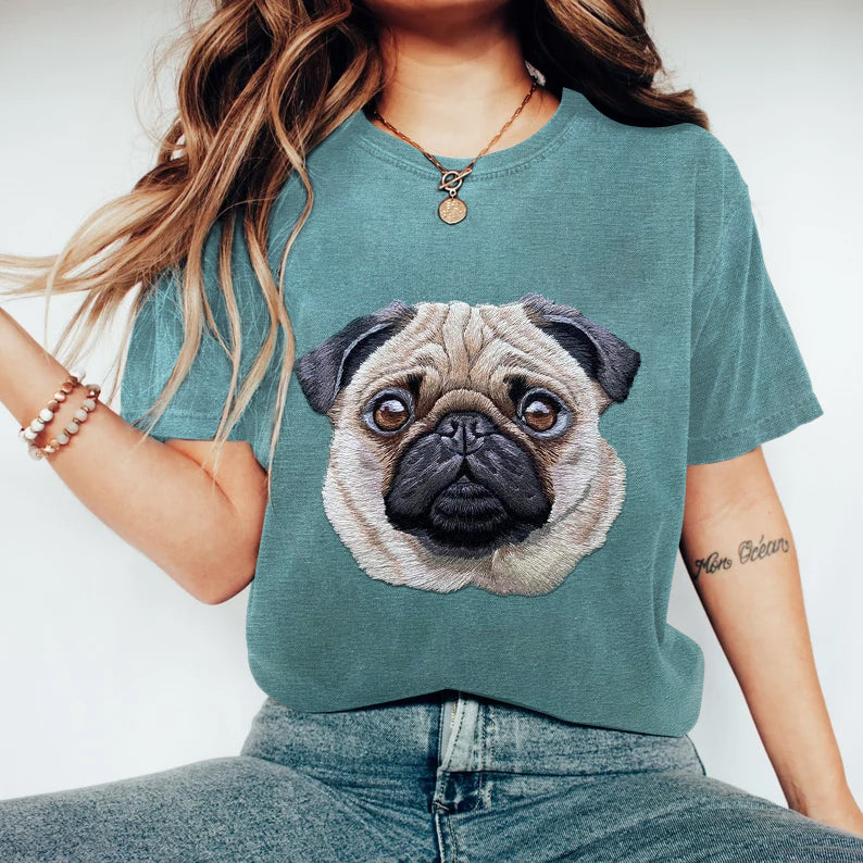 Comstylish Dog Embroidery Pattern Vintage Short Sleeve T-Shirt