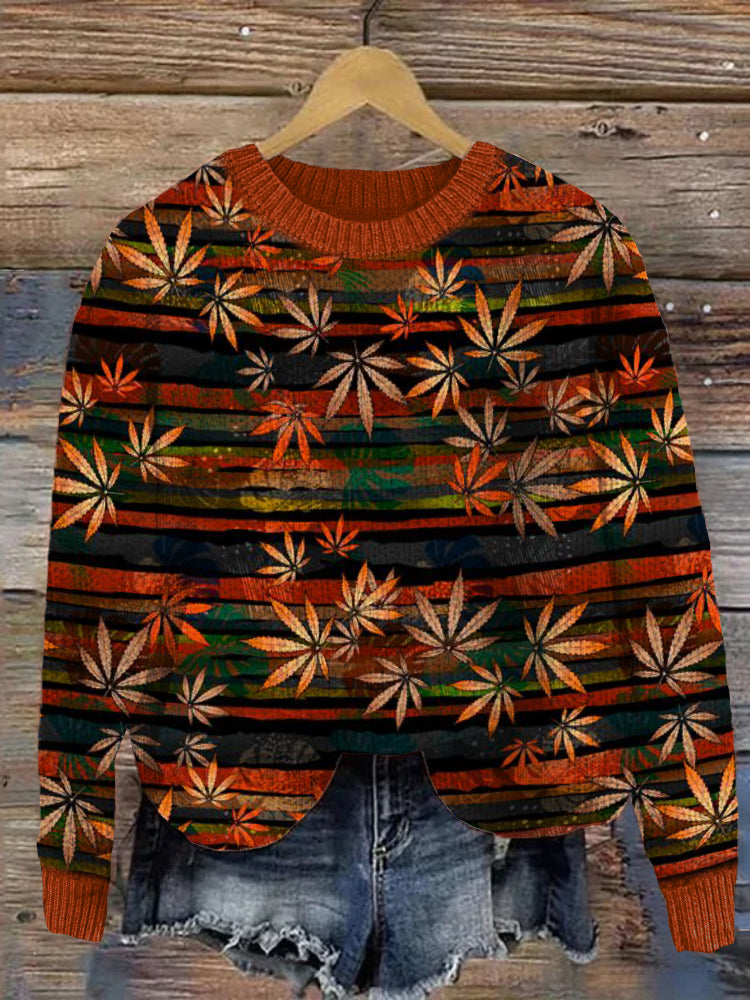 Vintage Maple Leaves Striped Cozy Knit Sweater artswardrobe