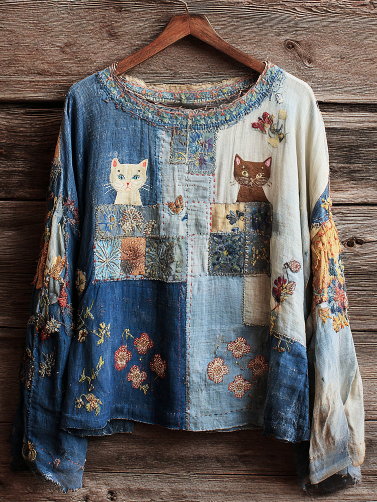 Comstylish Boho Floral & Cats Embroidered Art Women's Linen Top