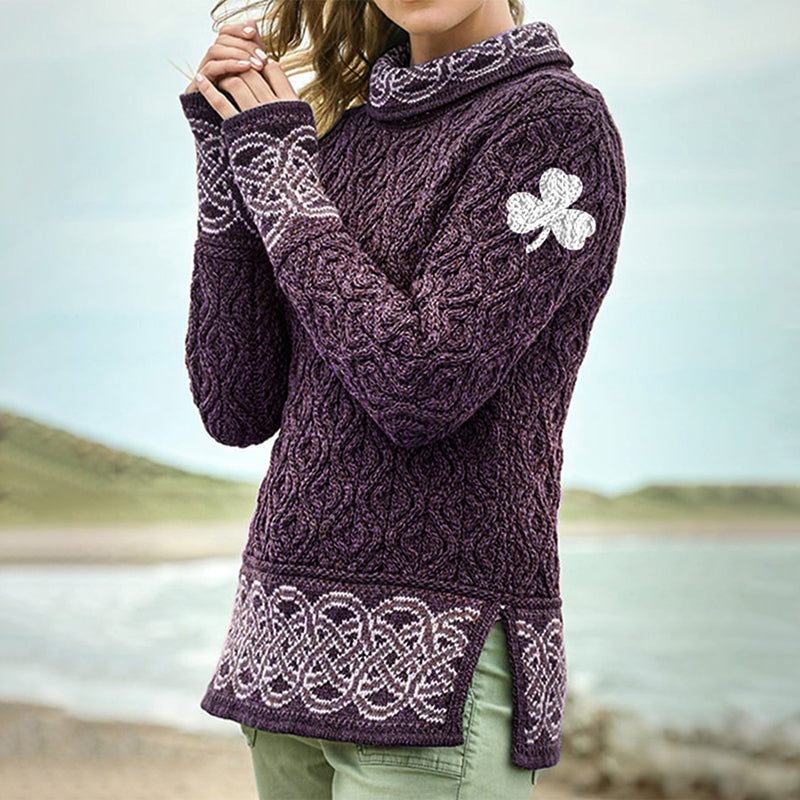 Women's Celtic Knotted Clover Creative Jacquard Turtleneck Sweater elevenforest