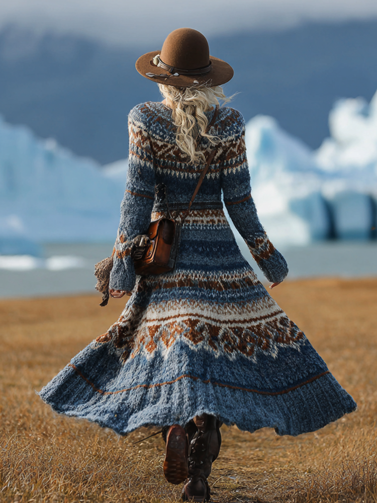 Women's Retro Autumn And Winter Knitted Round Neck Sweater Dress elevenforest