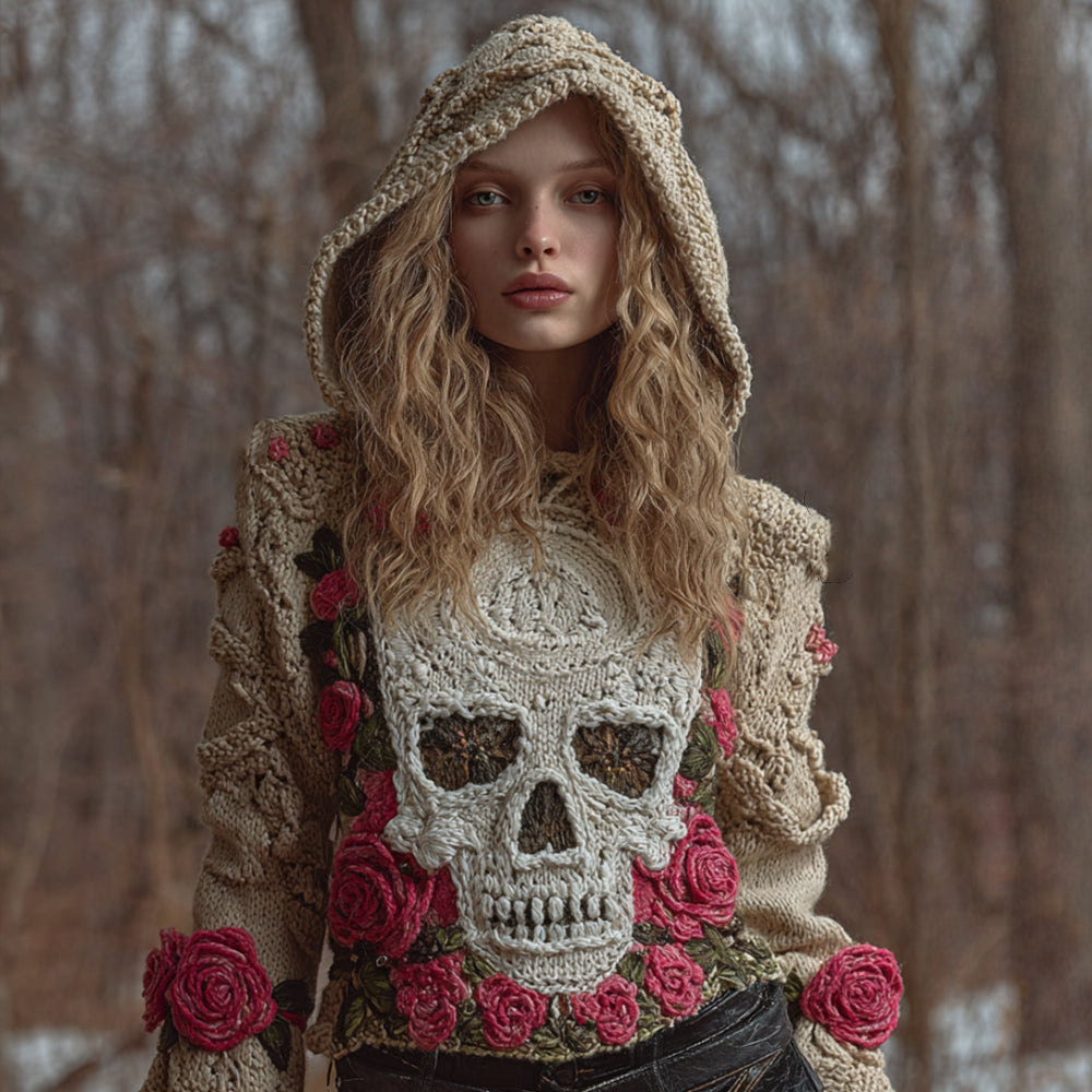 Women's Halloween Pink Vintage Pink Rose White Skull Crochet Hoodie Sweater elevenforest