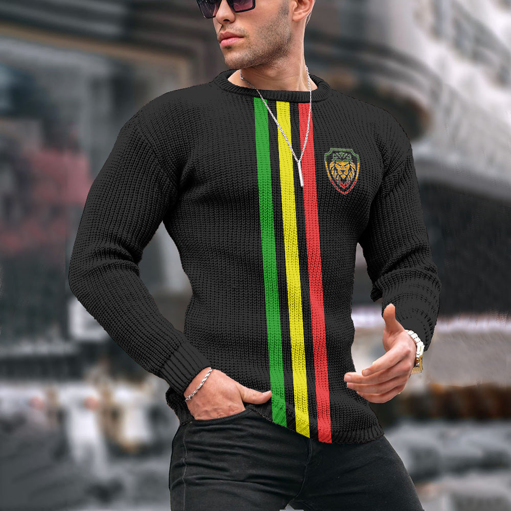 Reggae Lion Fashion Stripes Jacquard Iceland Crew Neck Sweater elevenforest