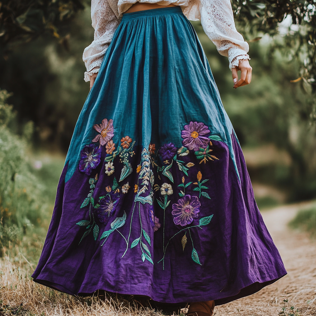 Vintage Floral Embroidered Art Linen Blend Skirt artswardrobe