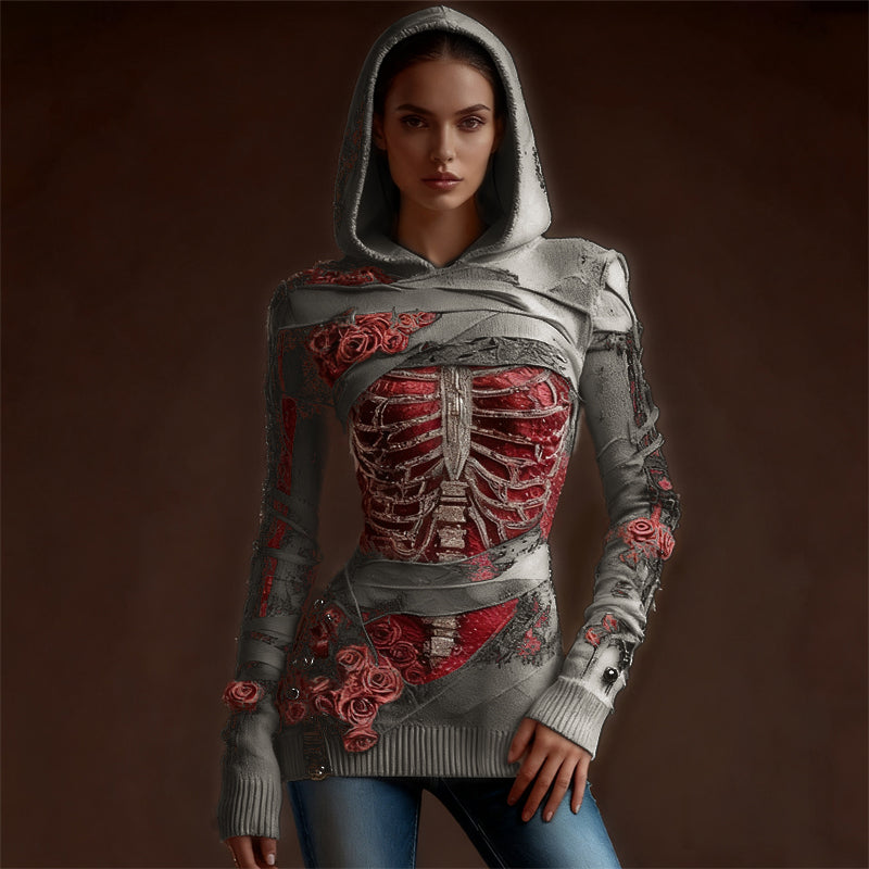 Classy Skeleton Anatomy Bloody Roses Bandages Hooded Sweater artswardrobe