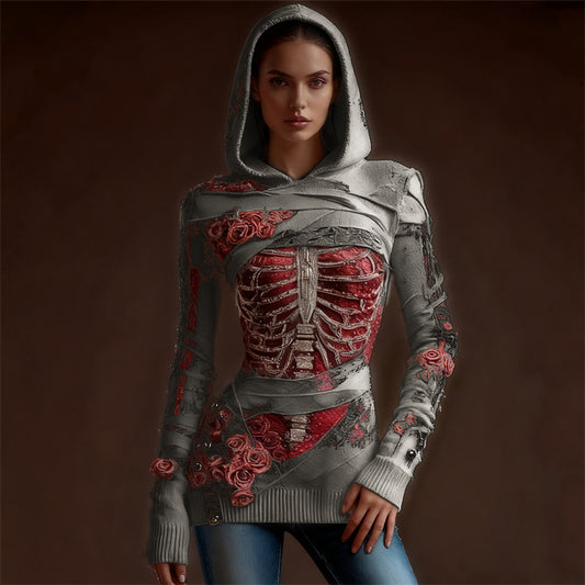 Comstylish Classy Skeleton Anatomy Bloody Roses Bandages Hooded Sweater