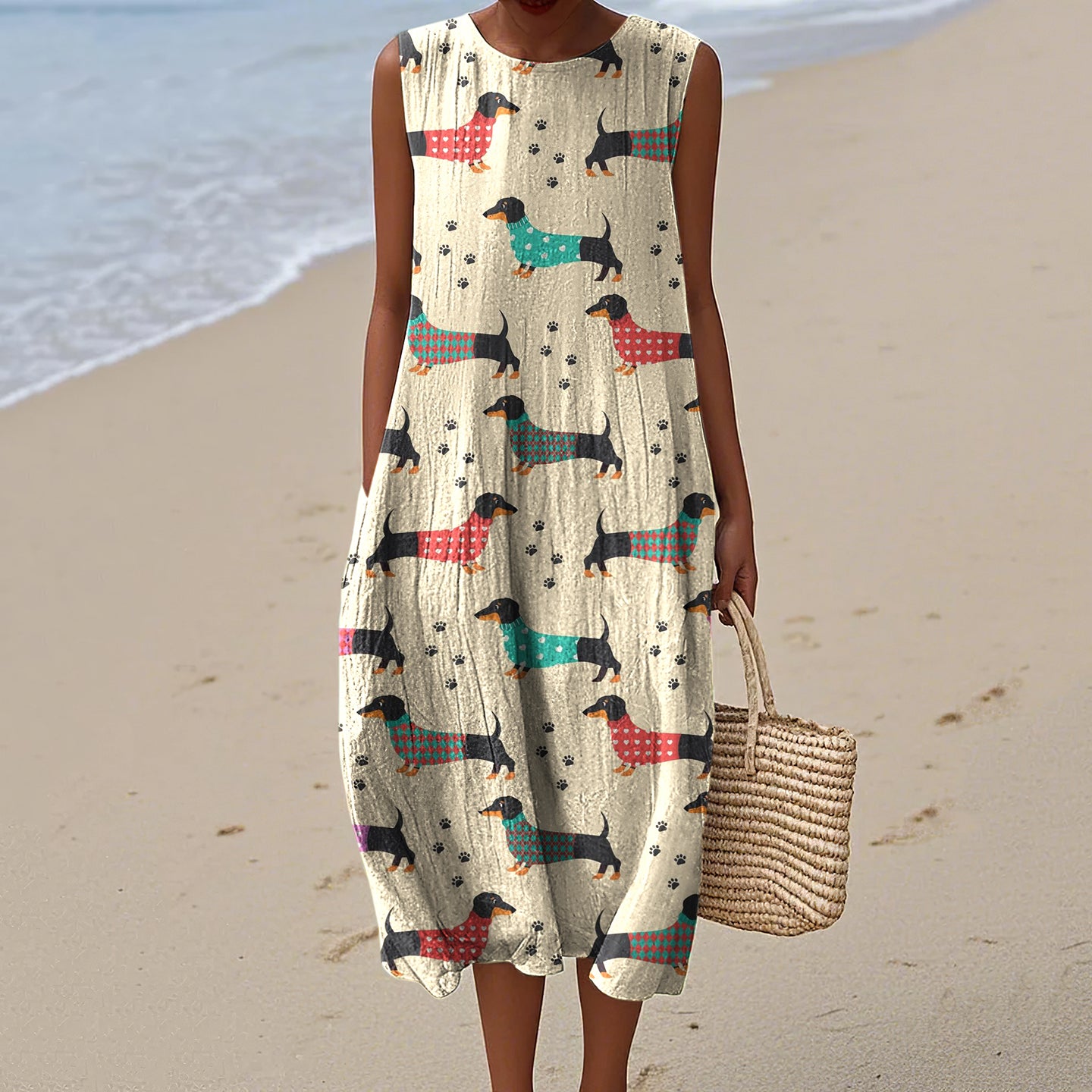Comstylish Vintage Cute Dachshund Art Print Linen Sleeveless Dress