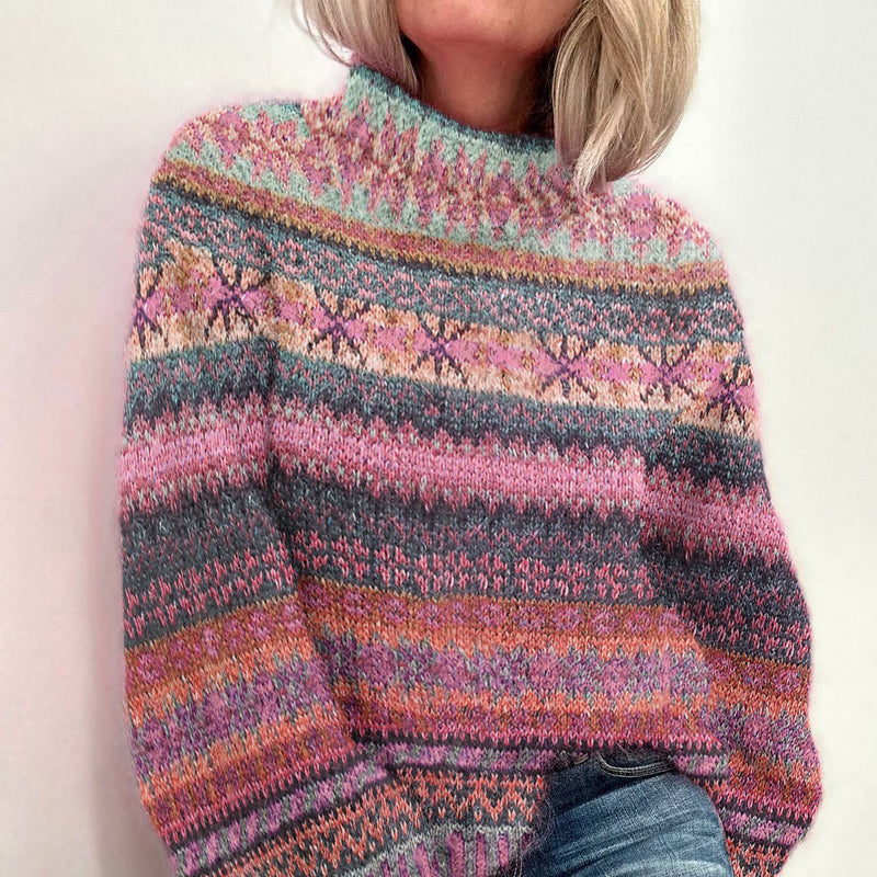 Maglione in cotone a righe melange pastello con collo alto