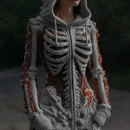 Comstylish Women's Halloween Anatomy Art Colorblock Knit Zipper Cardigan Sweater