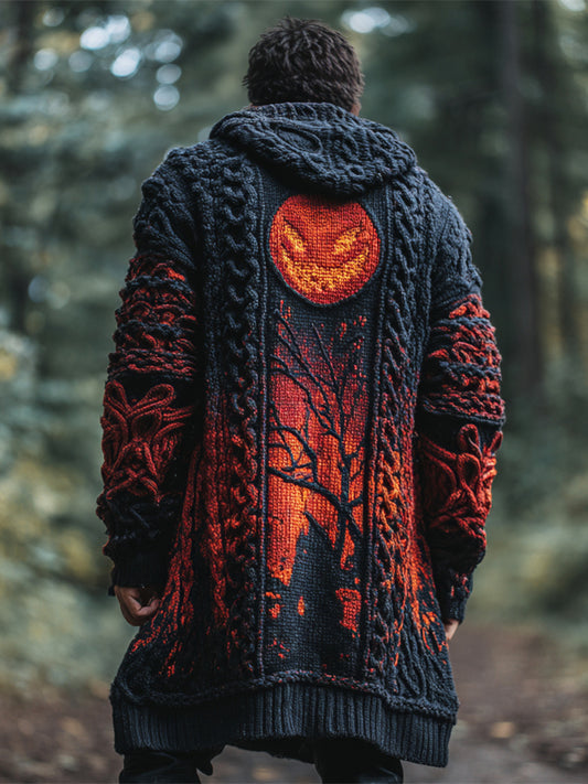 Halloween Pumpkin Lights Men's Hooded Twist Sweater Cardigan elevenforest