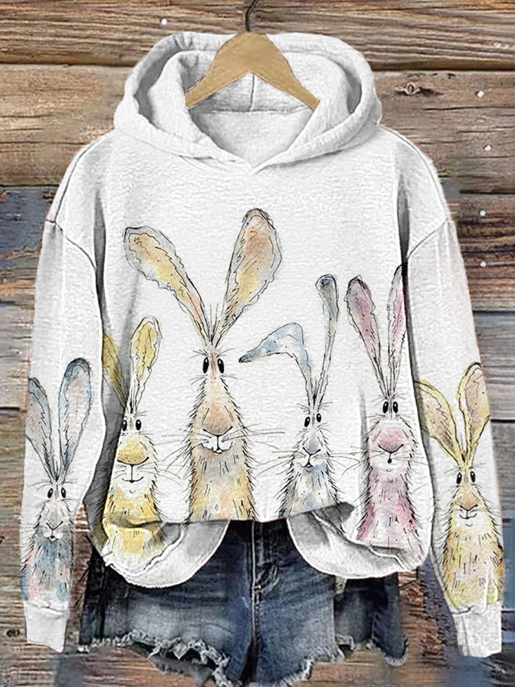 Watercolor Bunny Print Casual Cozy Hoodie artswardrobe