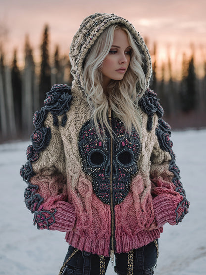 Women's Vintage Celtic Skull Gradient Art Cozy Knitted Hooded Cardigan artswardrobe