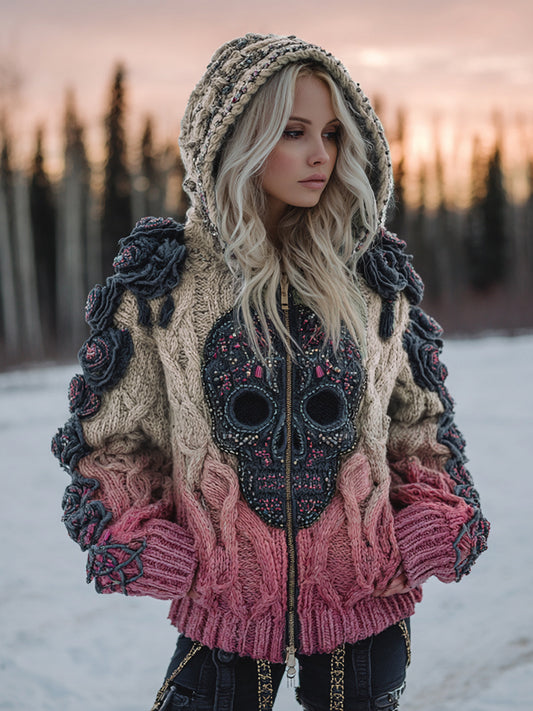 Women's Vintage Celtic Skull Gradient Art Cozy Knitted Hooded Cardigan artswardrobe