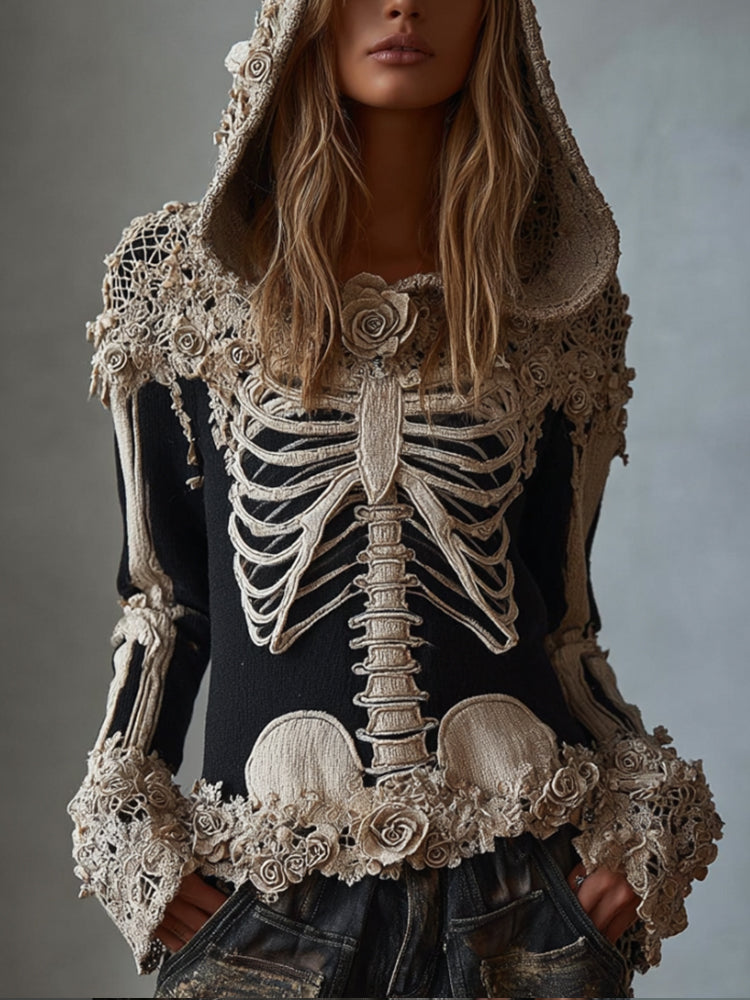 Women's Halloween Skeleton Rose Gothic Hooded Sweater artswardrobe