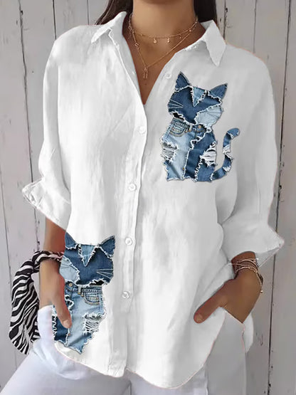 Women's Retro Funny Denim Patch Animal Cat Print Casual Shirt artswardrobe