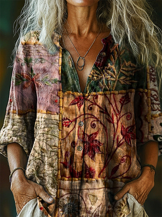 Women's Bohemian Pattern Art Print Casual Cotton Linen Shirt