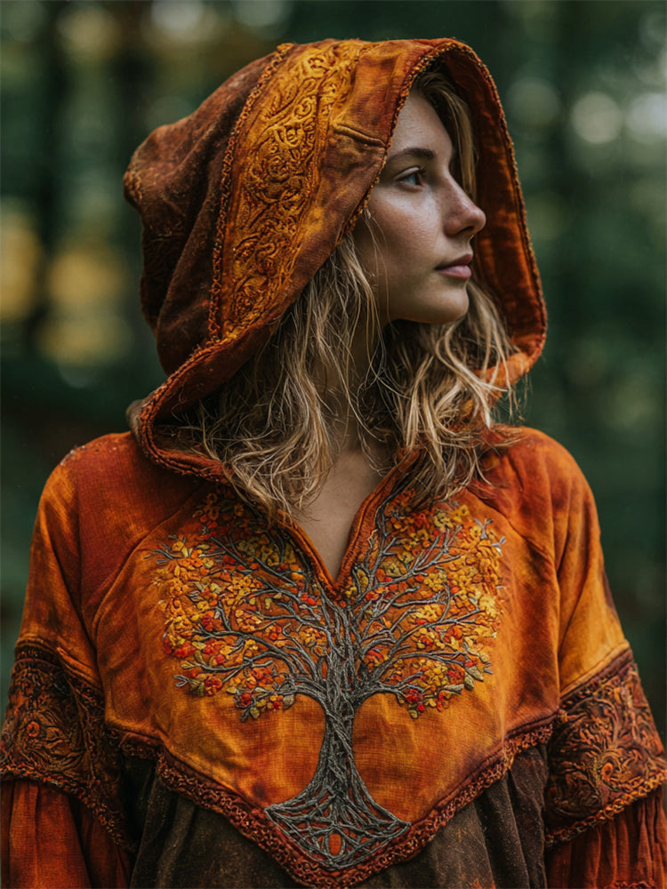 Vintage Fall Leaves Tree Of Life Embroidered Contrast Dyed Hoodie artswardrobe