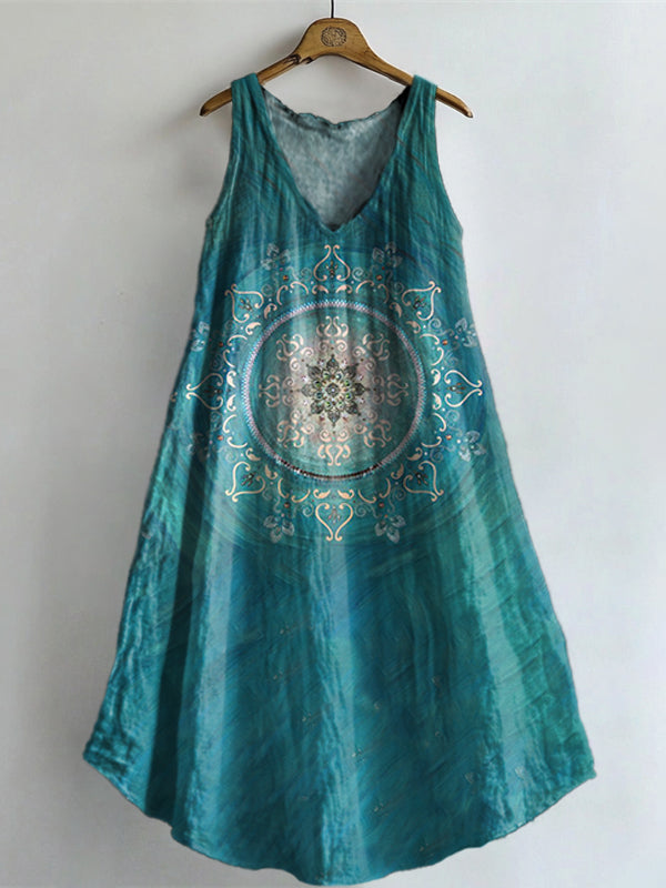 Women's Mandala Embellished Graphic Art Print V-Neck Pocket Cotton Dre