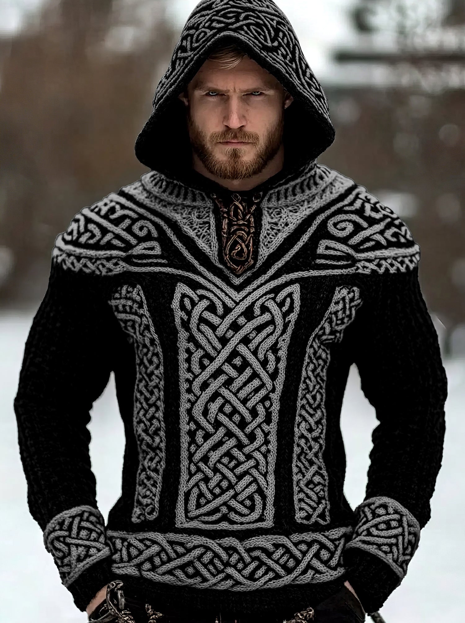 Men's Viking Tribal Jacquard Celtic Hooded Sweater elevenforest