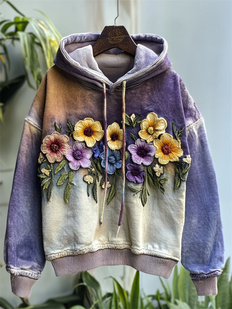 Comstylish Classy Flowers Embroidered Contrast Color Washed Hoodie