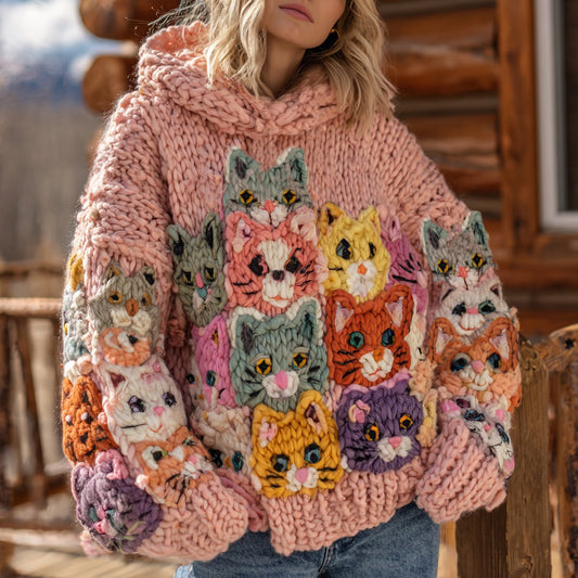 Women's Colorful Cats Pattern Cozy Chunky Knit Hooded Sweater elevenforest