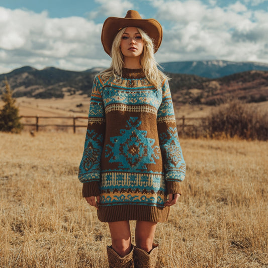 Women's Vintage Western Geometric Art Print Cozy Knit Sweater Dress elevenforest