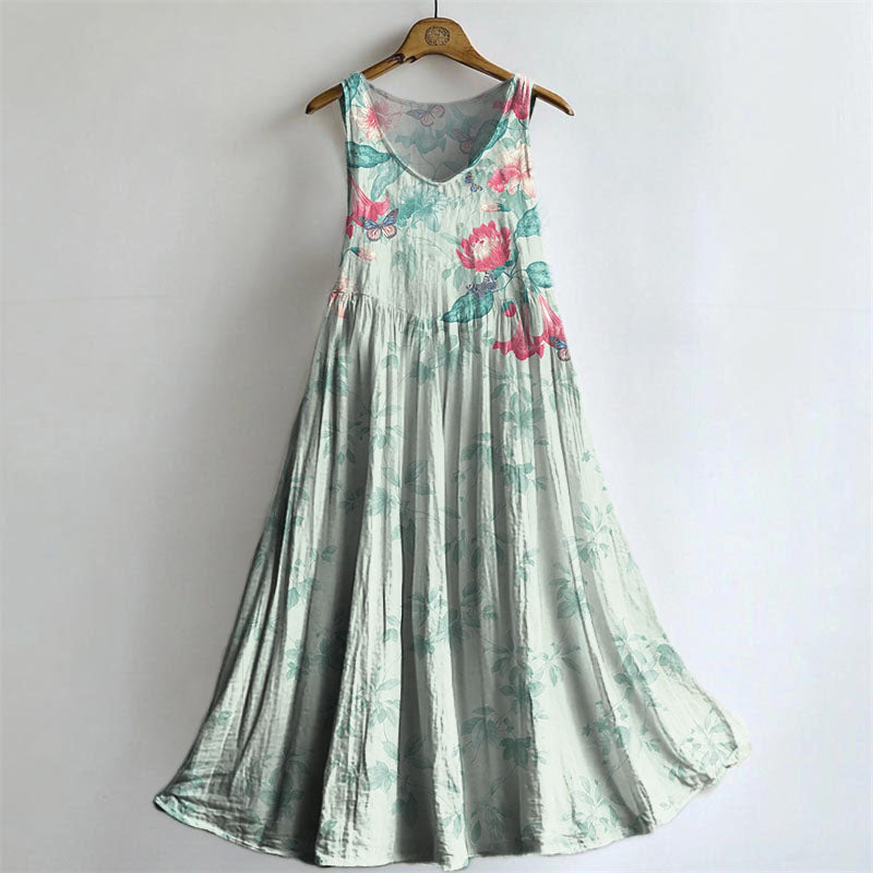 Women's Floral Art Print Sleeveless Cotton Pocket Dress