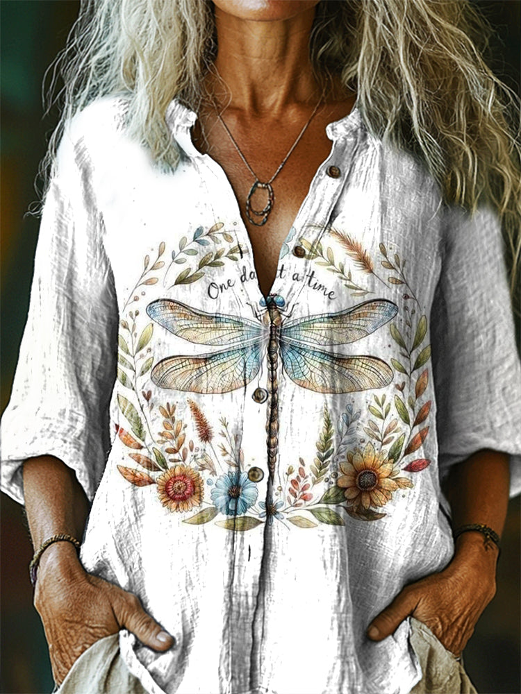 Women's Dragonfly Floral Pattern Art Print Casual Cotton Linen Shirt