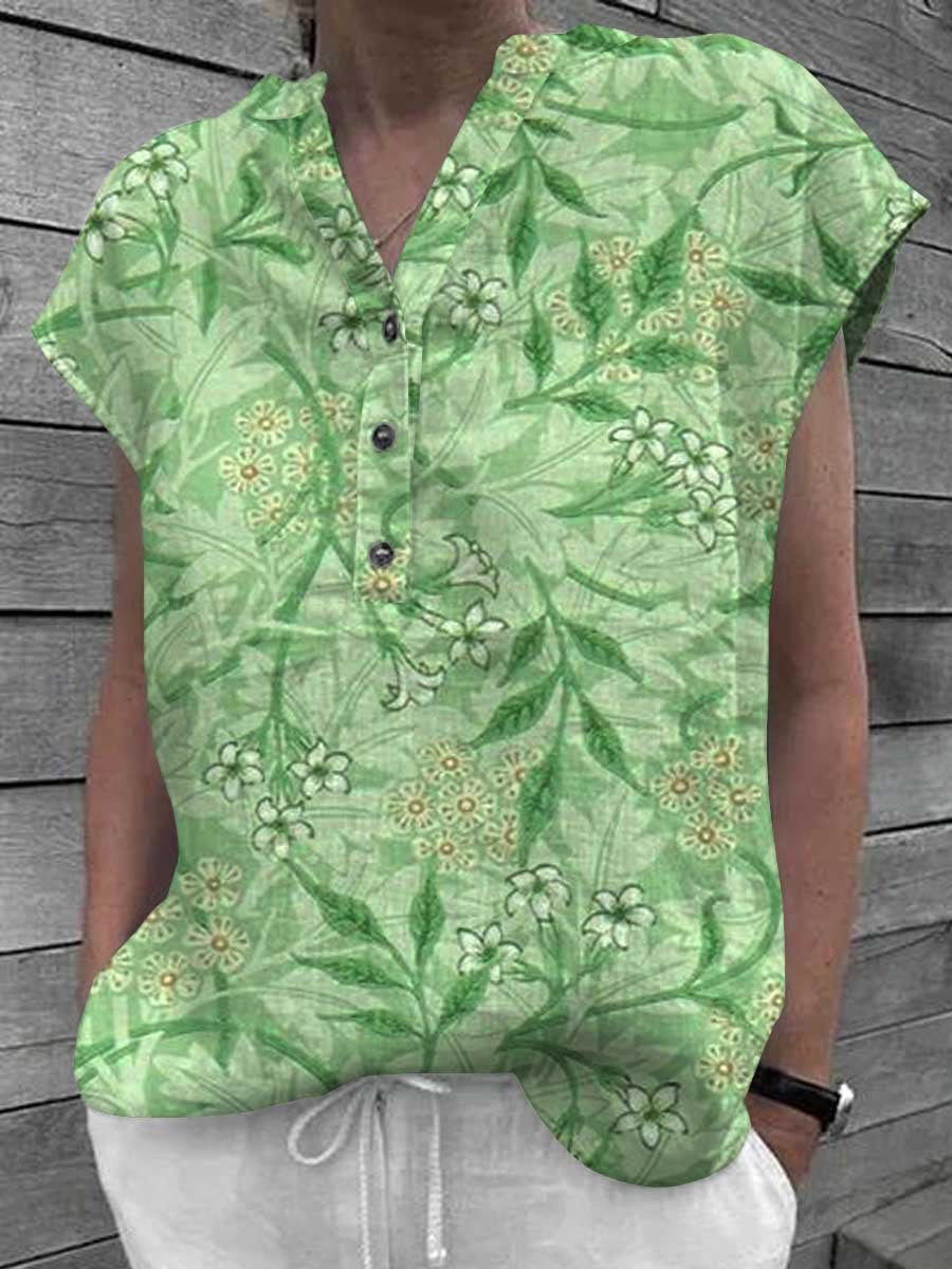 Women's Classic Floral Pattern V-Neck Cotton and LinenTop